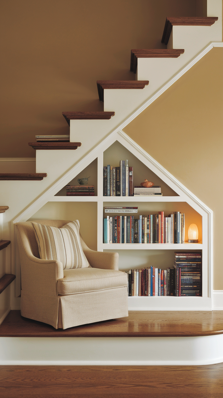 Cozy reading nook under the stairs with a chair and bookshelves.