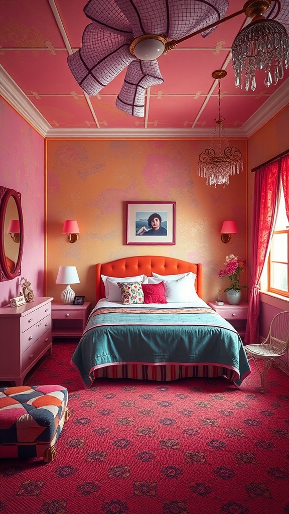 A modern surrealism bedroom featuring vibrant pink, deep blue, and bold orange decor.