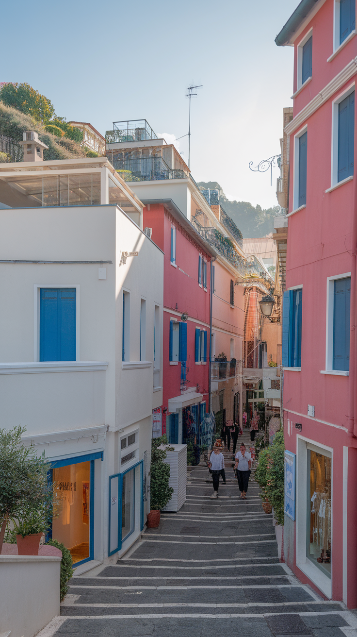 A vibrant street scene on Via dei Mulini in Positano, showcasing colorful buildings and shops.