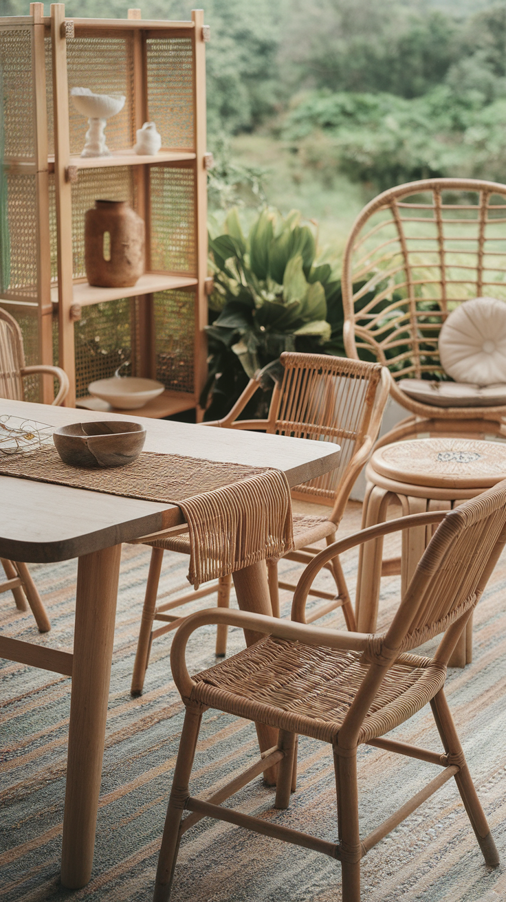 A cozy seating area featuring natural materials like wood and rattan.