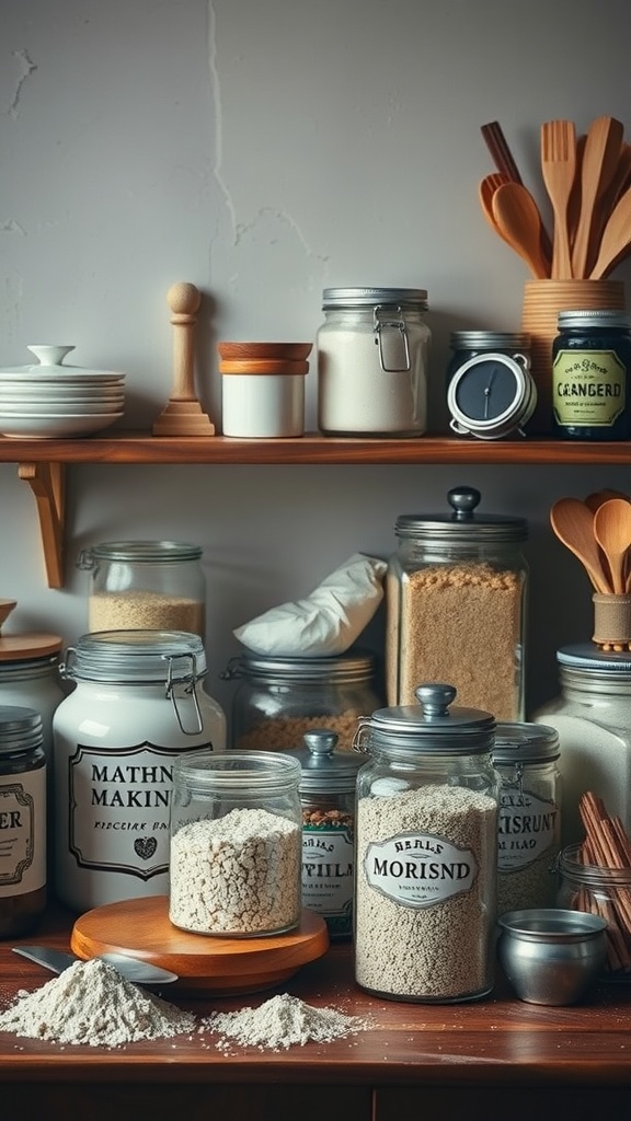 A collection of vintage canisters and kitchen utensils on a wooden shelf.