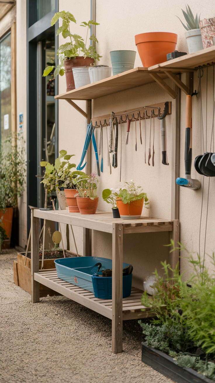 Wooden shelves filled with potted plants and gardening tools