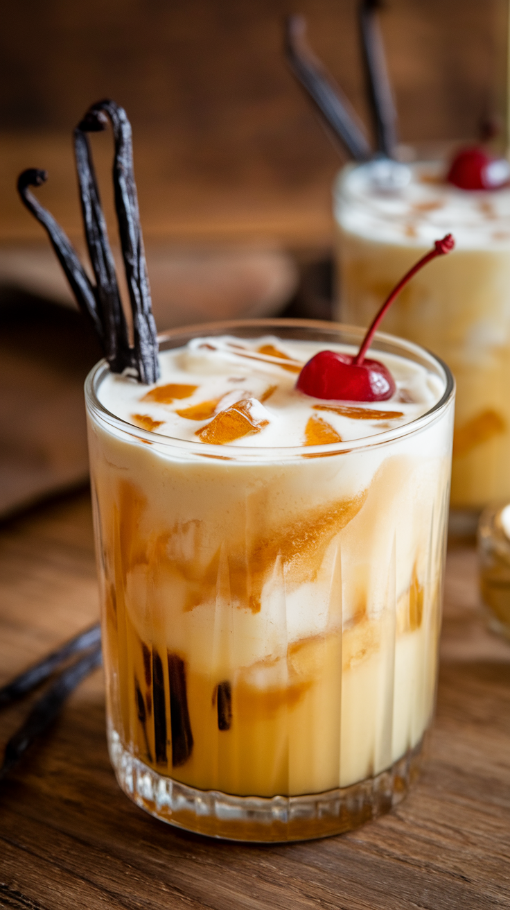 A glass of Vanilla Bourbon Cream Soda topped with vanilla sticks and a cherry.