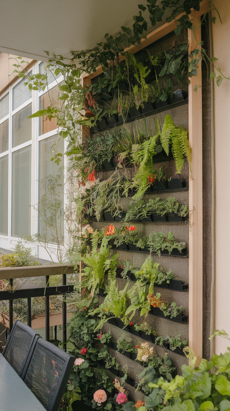 A vertical garden with various plants and flowers on a wall.