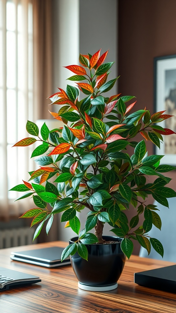 A lush Chinese Evergreen plant with vibrant green and red leaves in a black pot on a wooden table