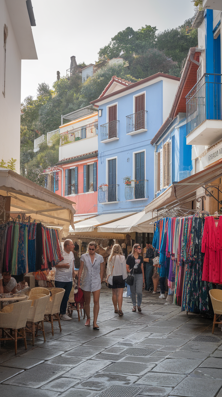 A lively street in Positano lined with colorful shops and people enjoying their time.