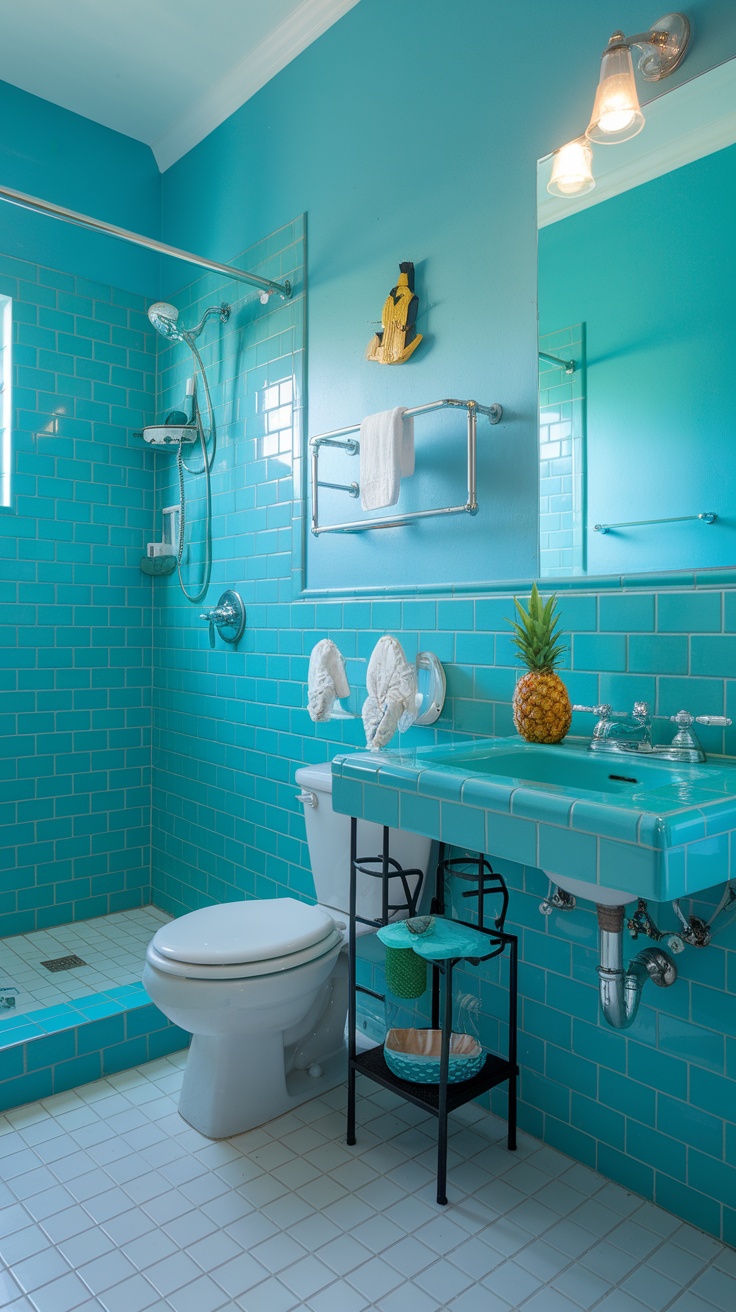 A bright turquoise bathroom featuring tiled walls, a sink, and a toilet.