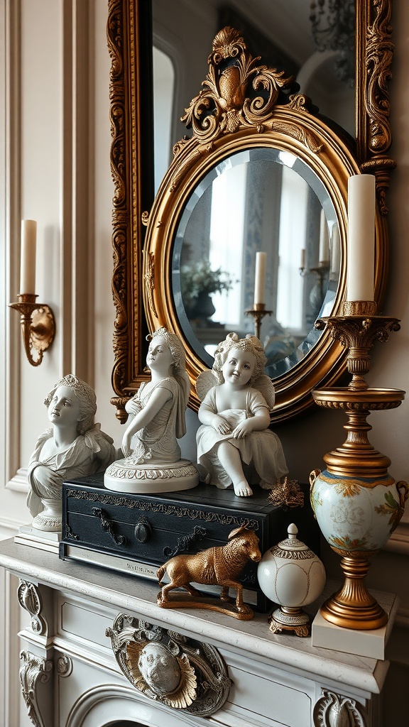 A stylish vintage decor arrangement featuring statues, a decorative box, a gold lion, and an ornate mirror.