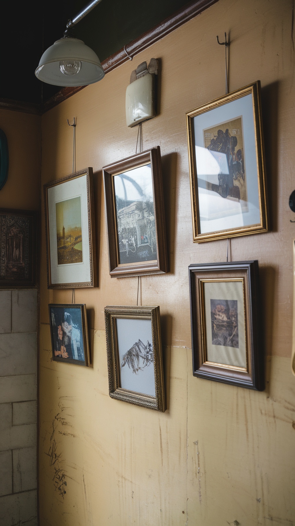 A collection of vintage framed prints on a yellow wall in a bathroom.