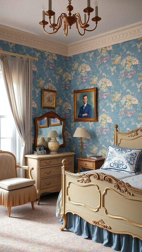 A vintage bedroom with blue floral wallpaper, antique furniture, and soft lighting.