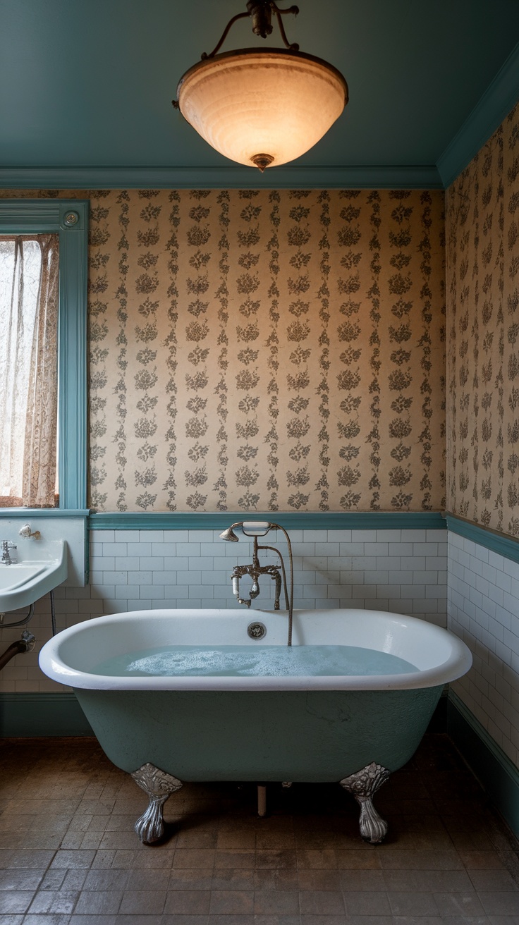A vintage-style apartment bathroom featuring a clawfoot tub, antique fixtures, and floral wallpaper.