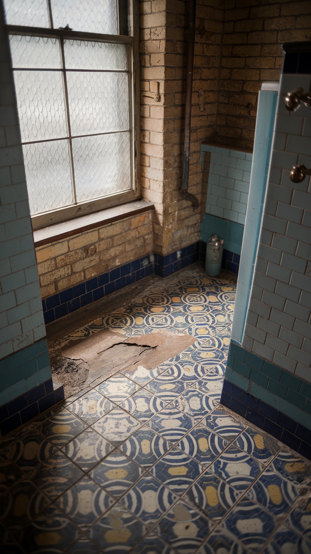 A vintage bathroom featuring intricate patterned tiles in blue and yellow, with a window and exposed brick walls.