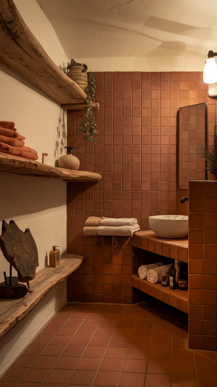 A cozy bathroom featuring warm terracotta tiles, wooden shelves, and soft towels.