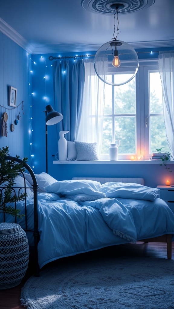 A cozy blue bedroom with fairy lights illuminating the walls and a comfortable bed.