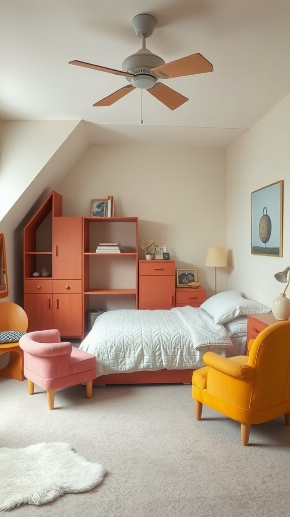 A cozy bedroom featuring whimsical furniture shapes, including colorful chairs and a stylish bed.