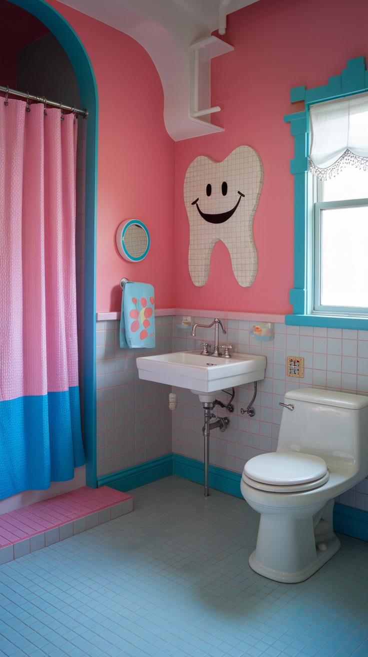 A colorful apartment bathroom featuring pink walls, a playful tooth-shaped wall art, and a bright shower curtain.