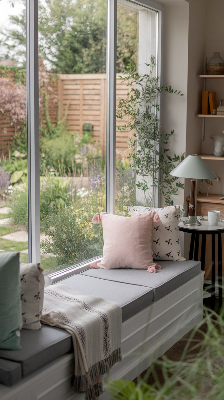 Cozy window seat with pillows and a scenic view of a garden.