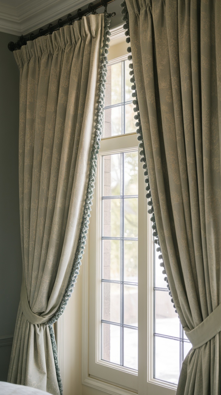 Elegant window curtains in a sage green and cream bedroom, featuring pom-pom trim.