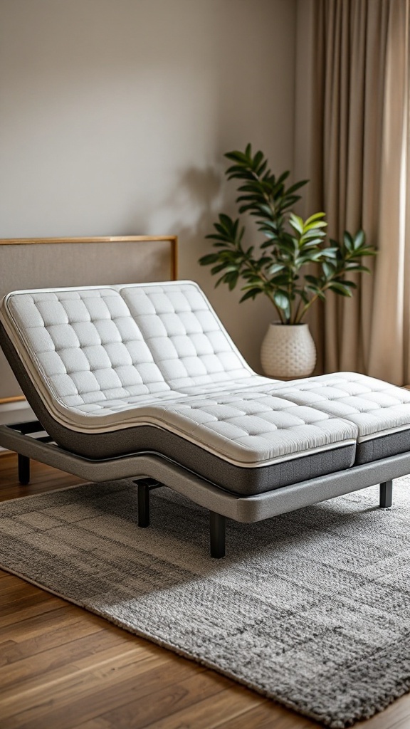 A modern adjustable bed with a sleek design and a cozy mattress, set in a stylish room with a plant in the background.