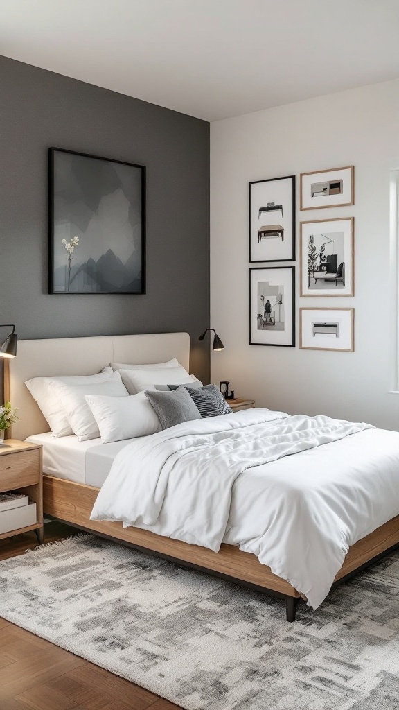 A cozy bedroom with a customizable bed frame, soft bedding, and framed art on the walls.