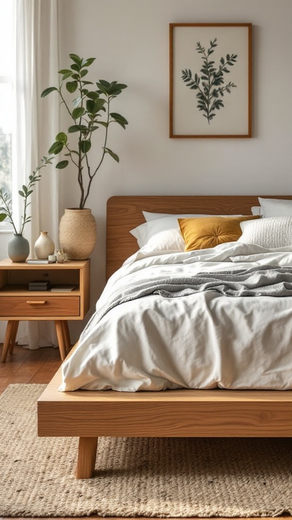 Eco-friendly wooden bed frame in a cozy bedroom with plants