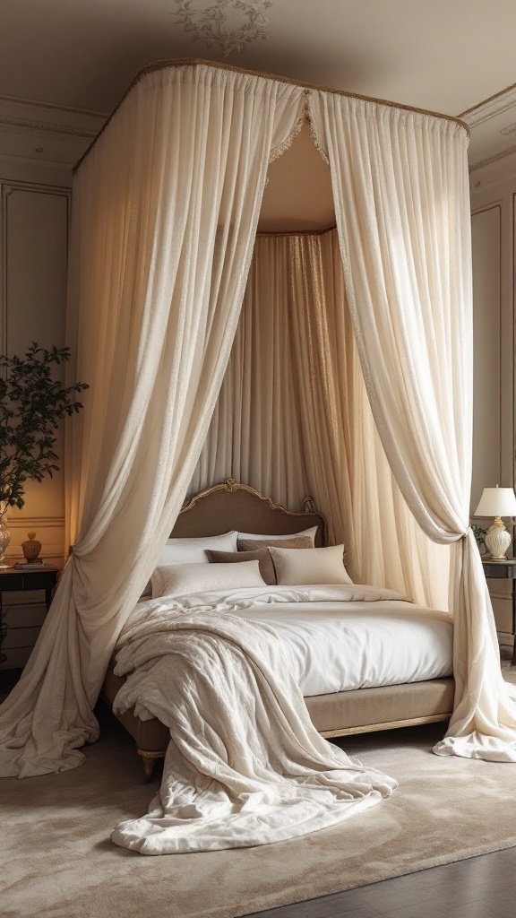 A luxurious canopy bed with flowing cream drapes and plush bedding in a softly lit room.