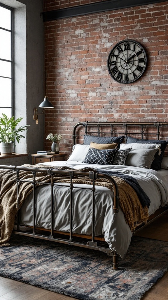 A cozy bedroom featuring an industrial style metal bed frame against an exposed brick wall, with soft bedding and warm lighting.