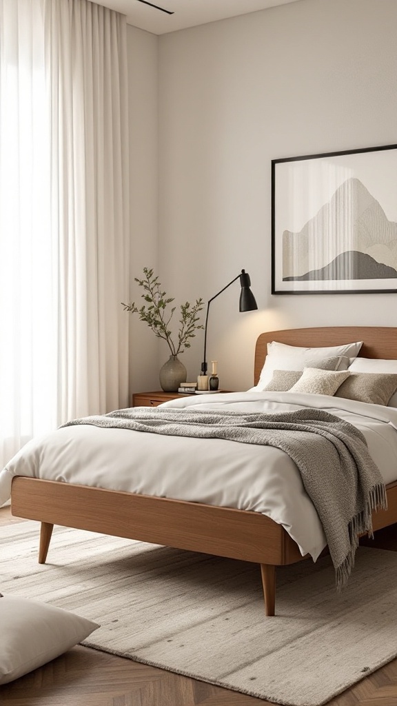 A mid-century modern bedroom featuring a wooden bed frame, soft white bedding, and a bright airy atmosphere.