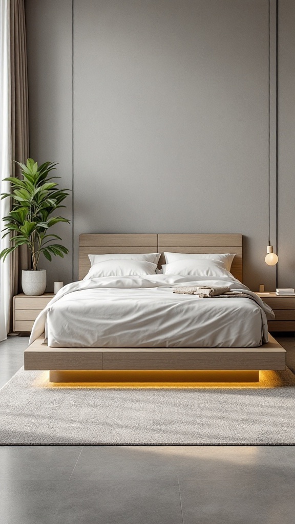 A modern minimalist bedroom featuring a sleek wooden platform bed with white bedding, a gray wall, and a potted plant.