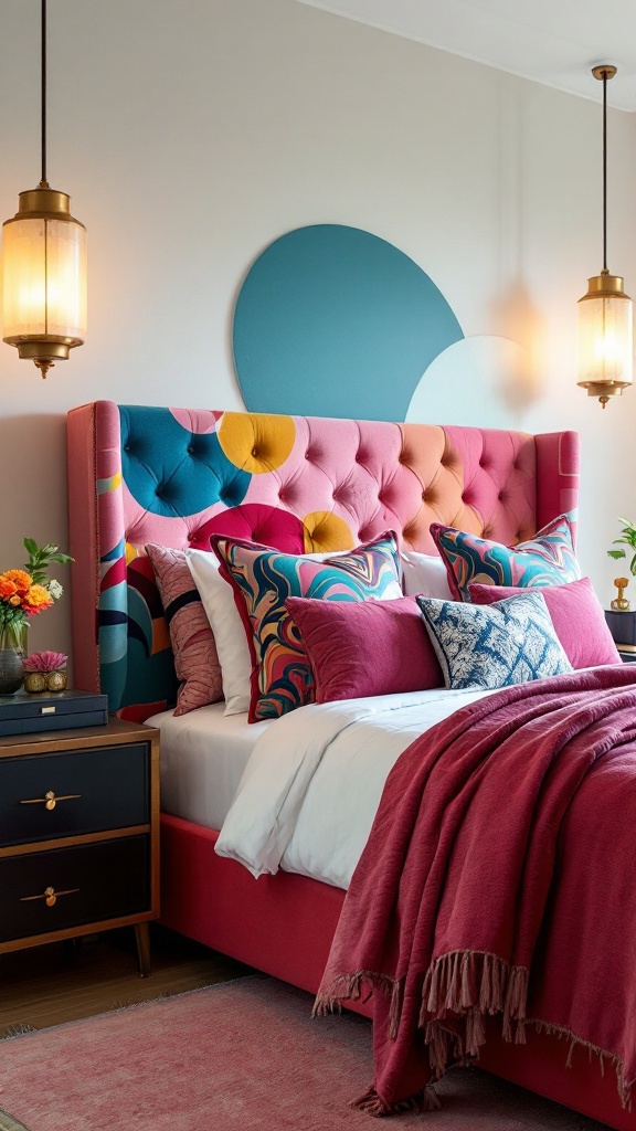 A vibrant and stylish bedroom with a colorful tufted headboard, surrounded by decorative pillows and stylish lighting.