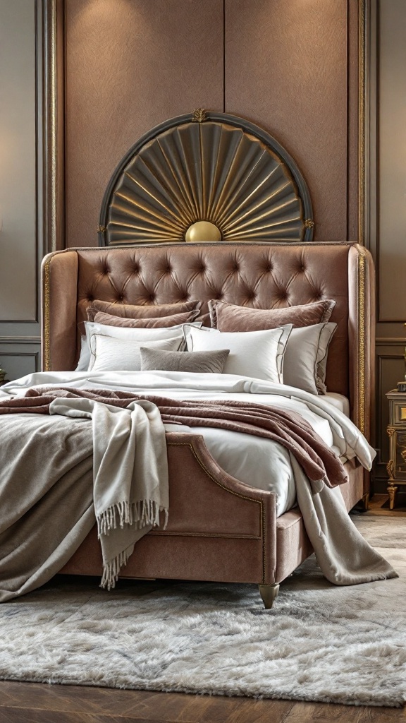 A luxurious upholstered bed with a tufted headboard, layered with pillows and throws, showcased in a warmly lit bedroom.