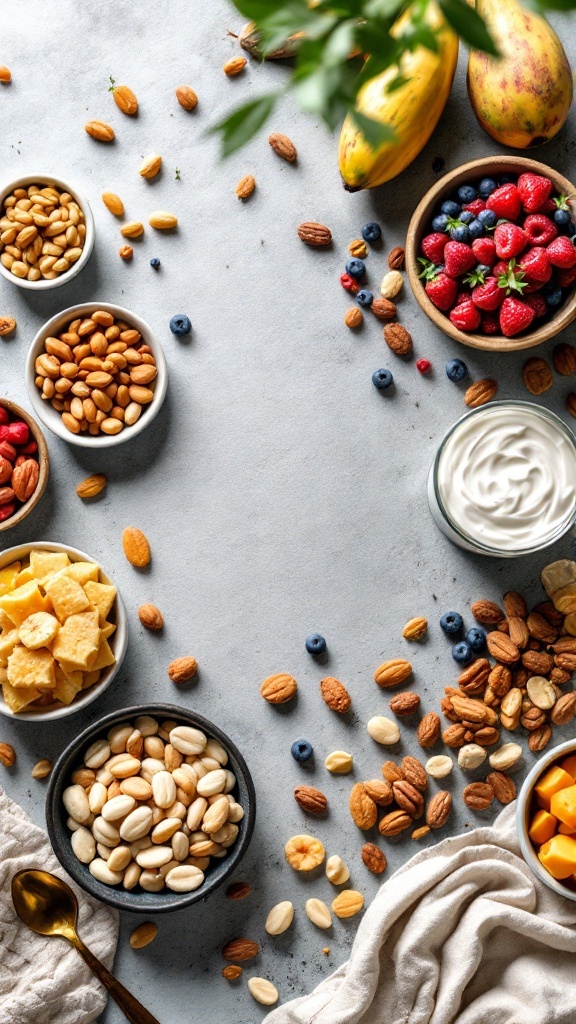 A colorful array of healthy snacks including nuts, fruits, and yogurt arranged on a table.