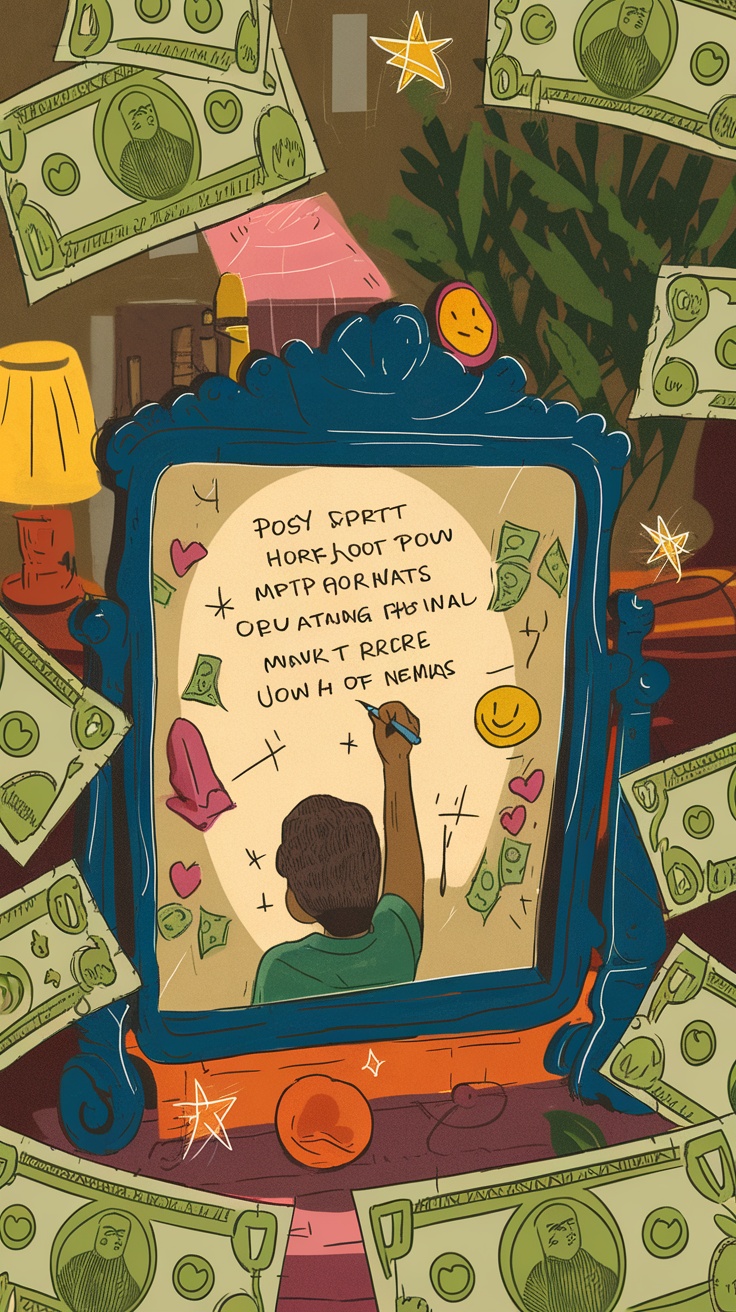 A child writing affirmations on a mirror surrounded by images of money and cheerful symbols.