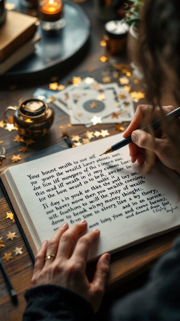 A person writing affirmations in a notebook surrounded by candles and stars.