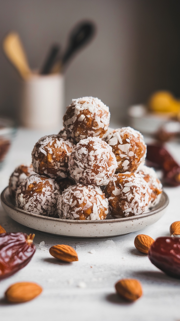 A plate of almond and date energy balls, rolled in shredded coconut, surrounded by almonds and dates.