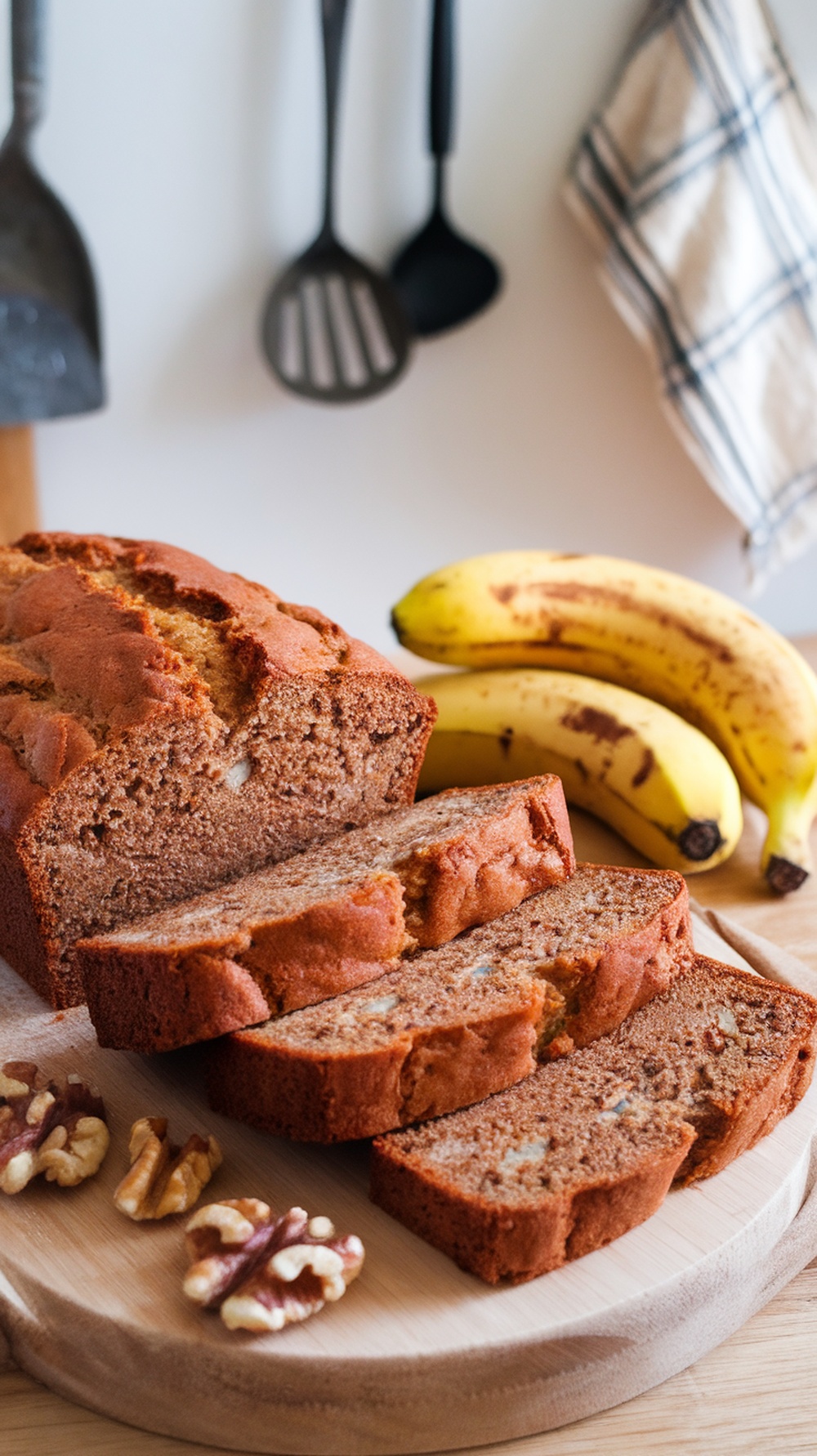 A loaf of almond flour banana bread with slices cut, surrounded by bananas and walnuts.