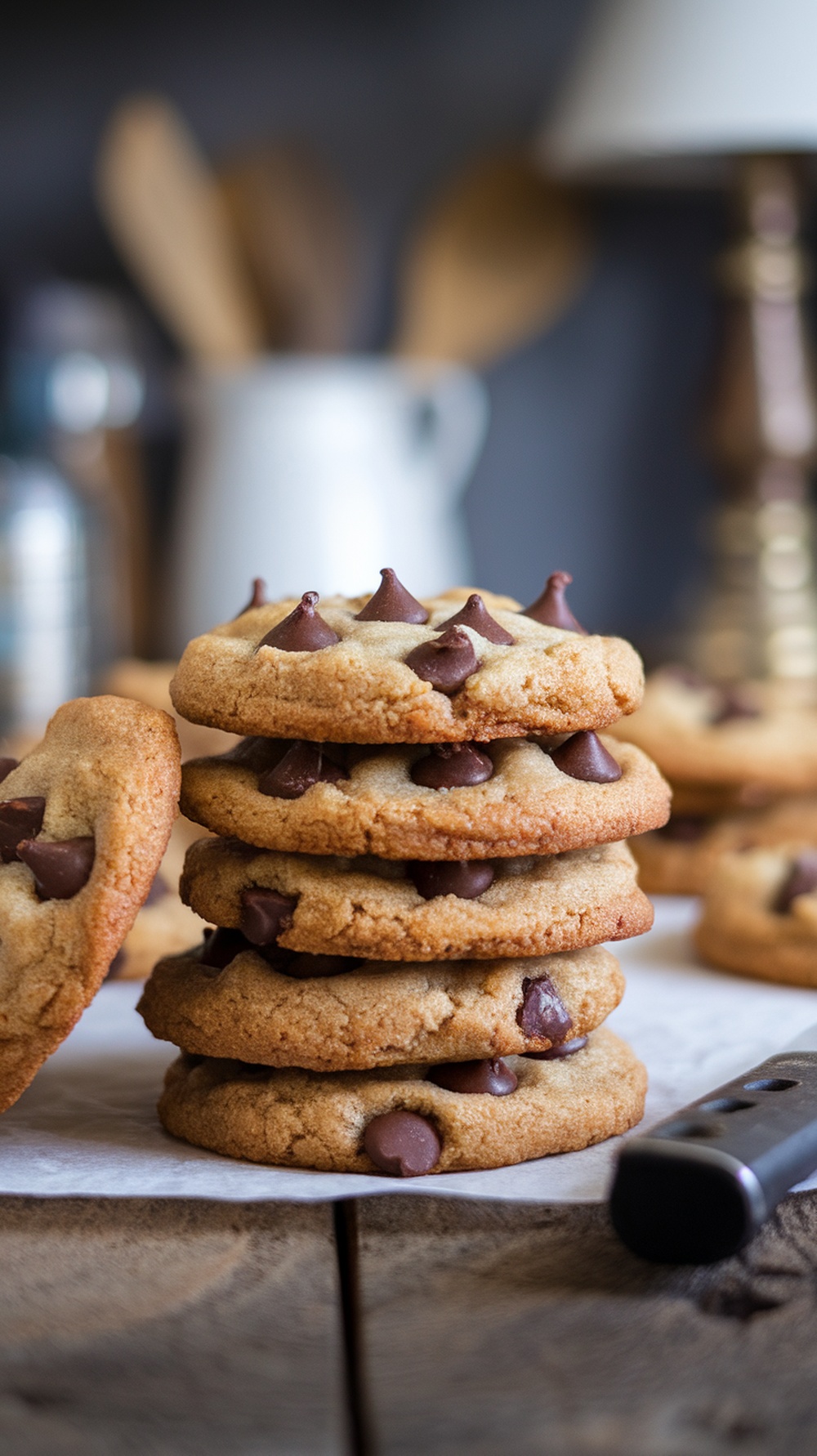 A stack of almond flour chocolate chip cookies on a wooden table.
