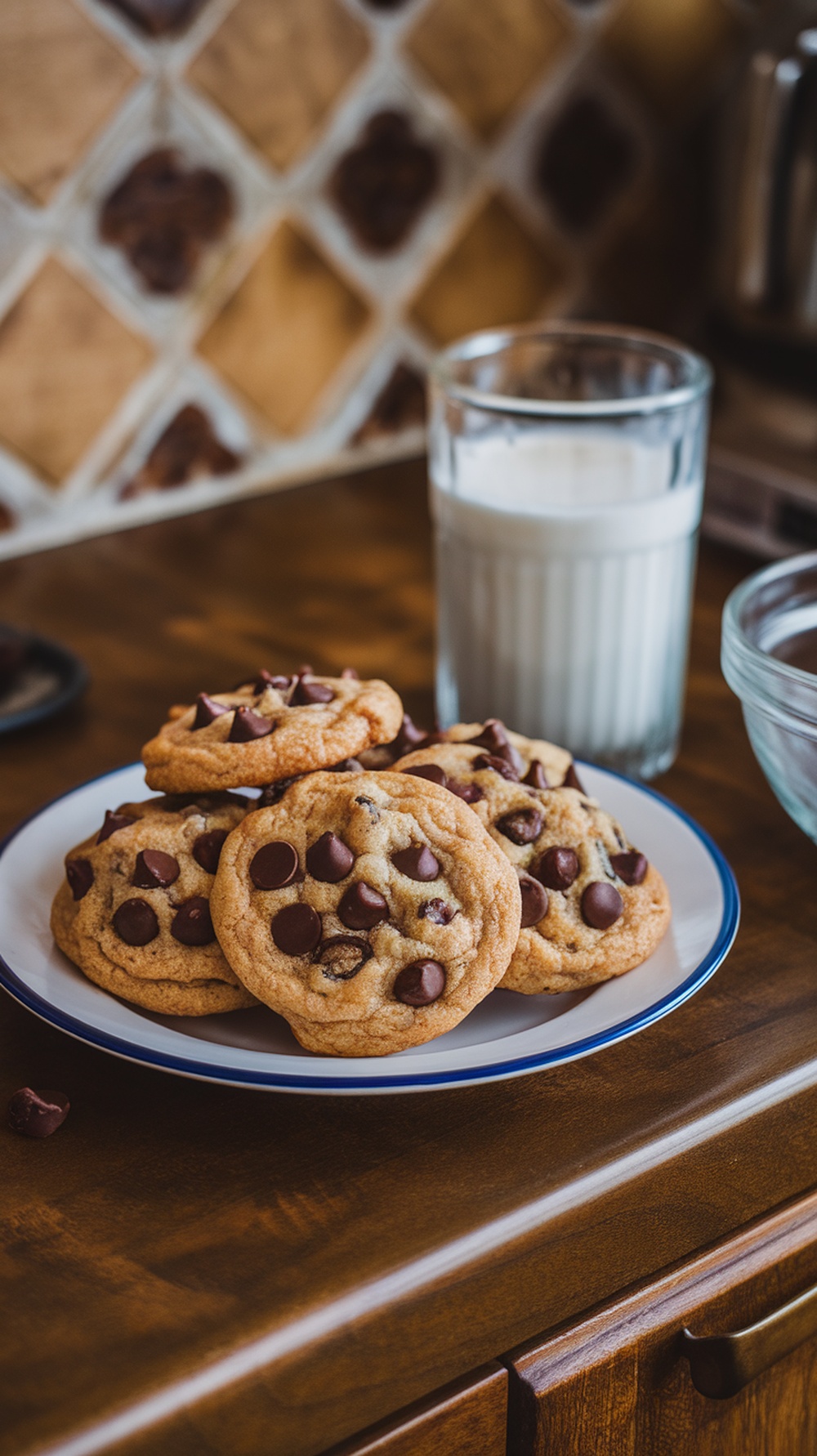A plate of almond flour chocolate chip cookies with a glass of milk