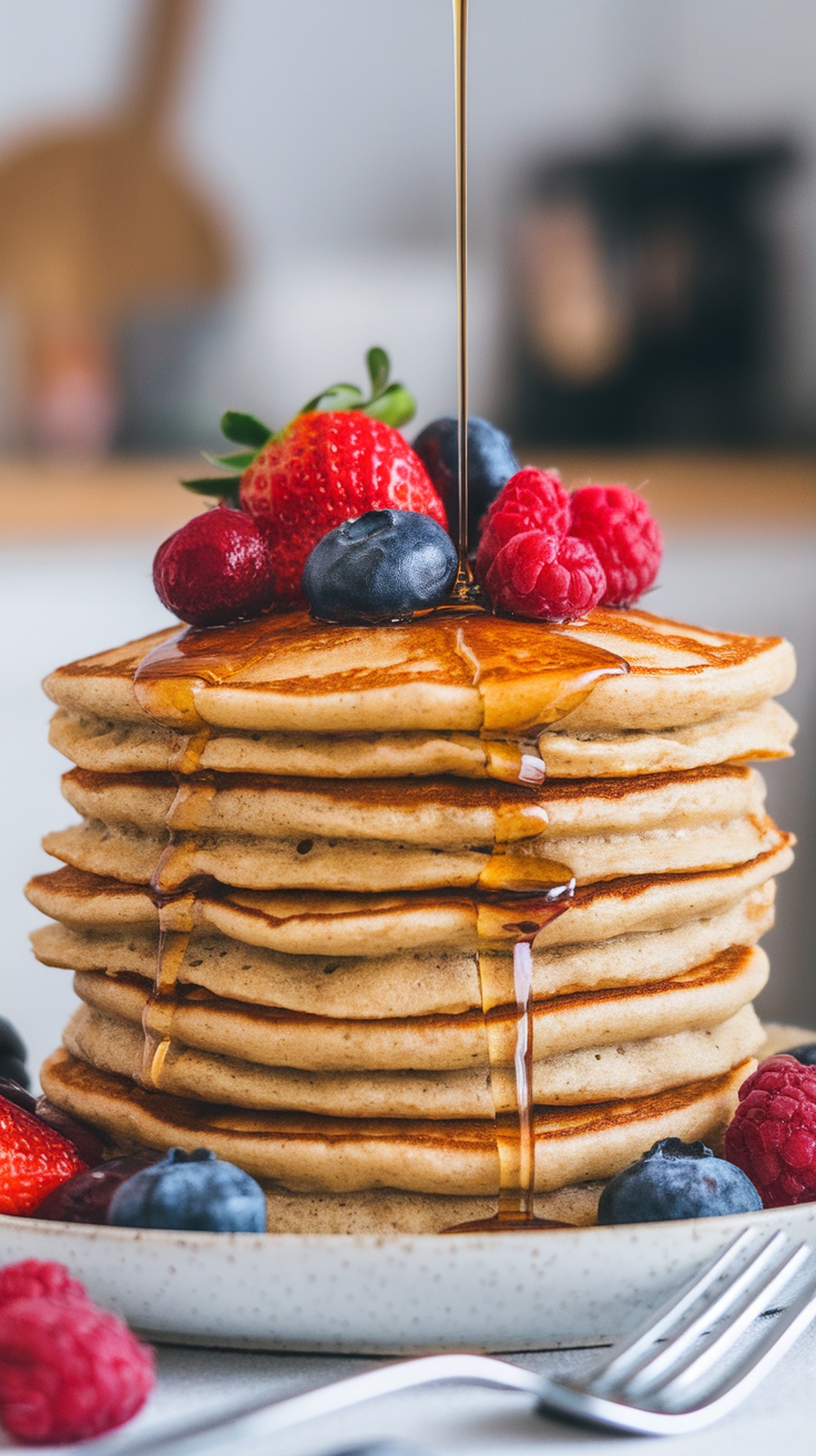 A stack of almond flour pancakes topped with fresh berries and syrup