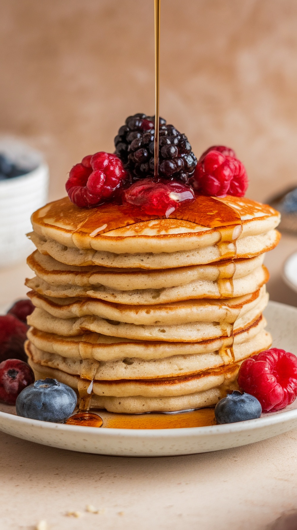 Stack of almond flour pancakes topped with fresh berries and syrup