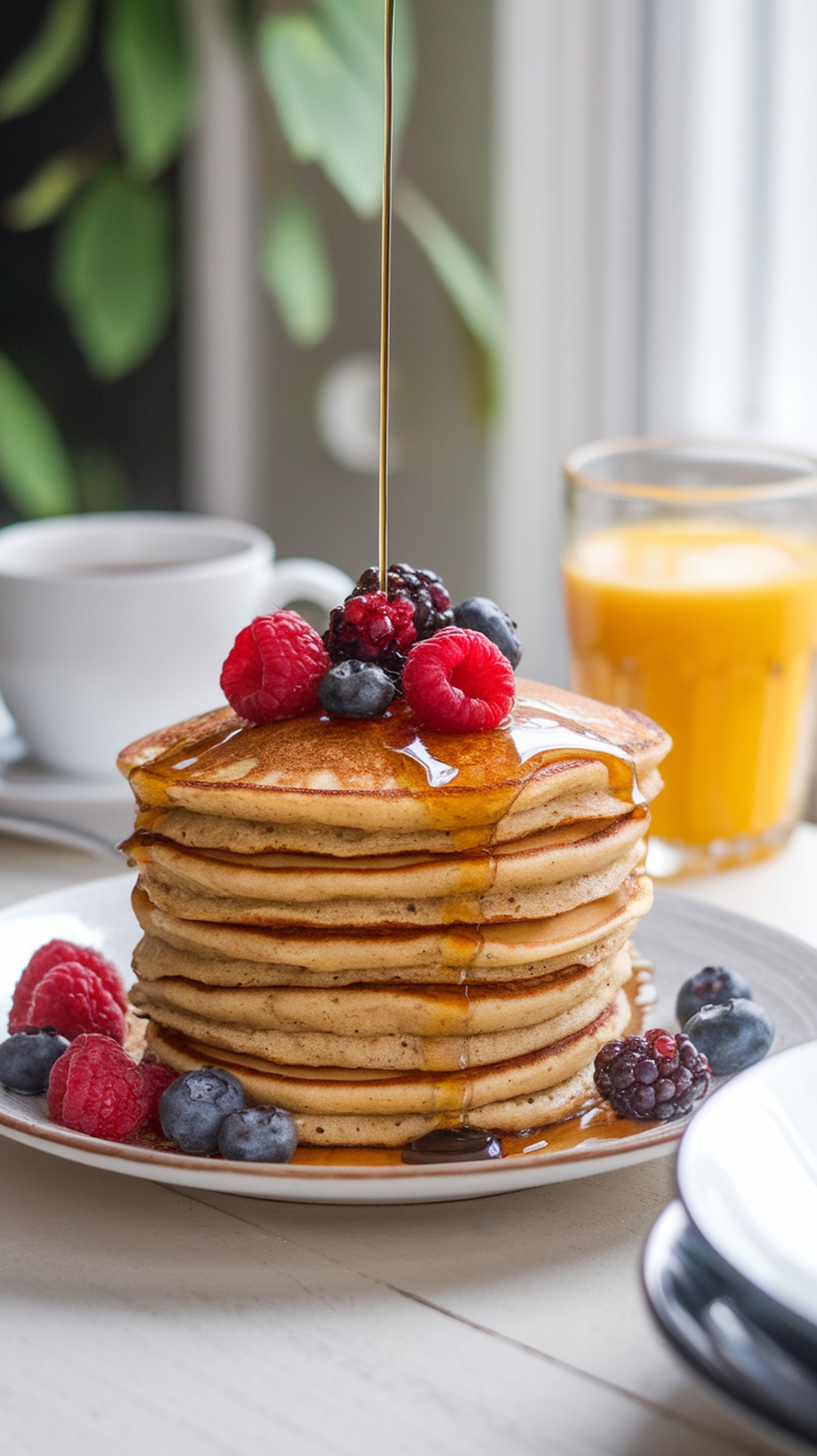Stack of almond flour pancakes topped with berries and syrup