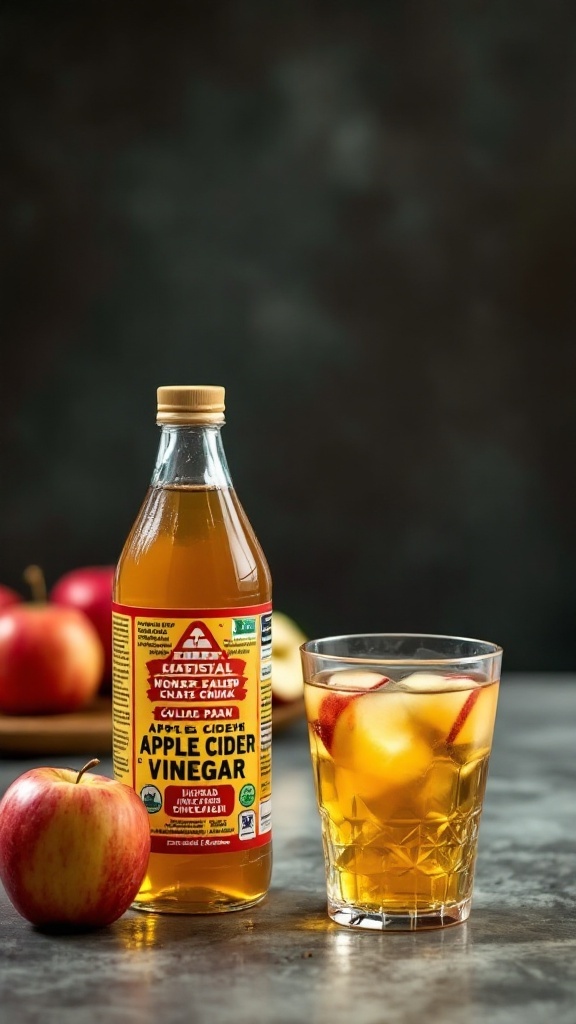 A bottle of apple cider vinegar next to a glass with apple slices in it, with fresh apples in the background.