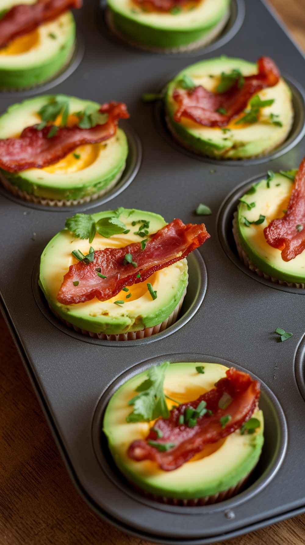Avocado and Bacon Egg Cups in a muffin tin, topped with bacon and herbs
