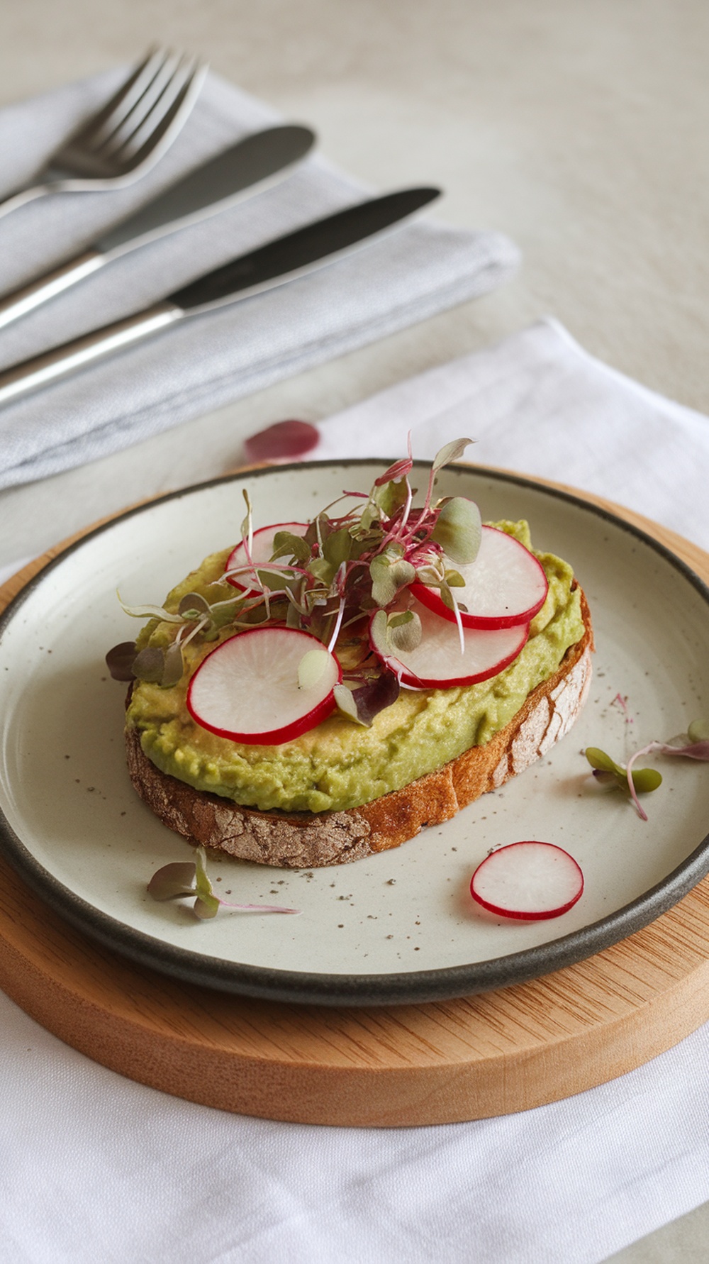 Avocado toast on gluten-free bread topped with radishes and microgreens