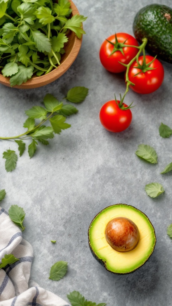 A sliced avocado with tomatoes and fresh cilantro on a grey background