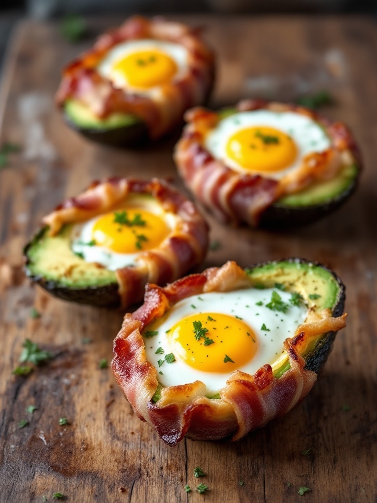 A plate of bacon-wrapped avocado eggs with herbs.