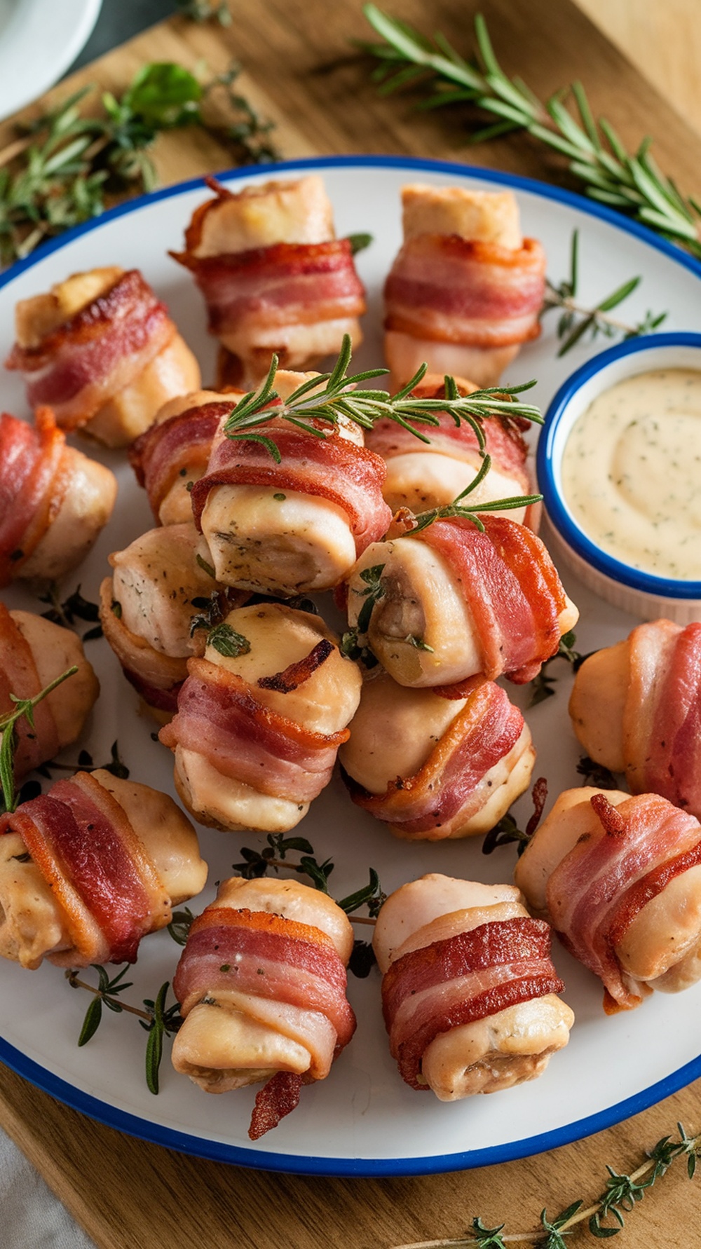 A plate of bacon-wrapped chicken bites garnished with herbs