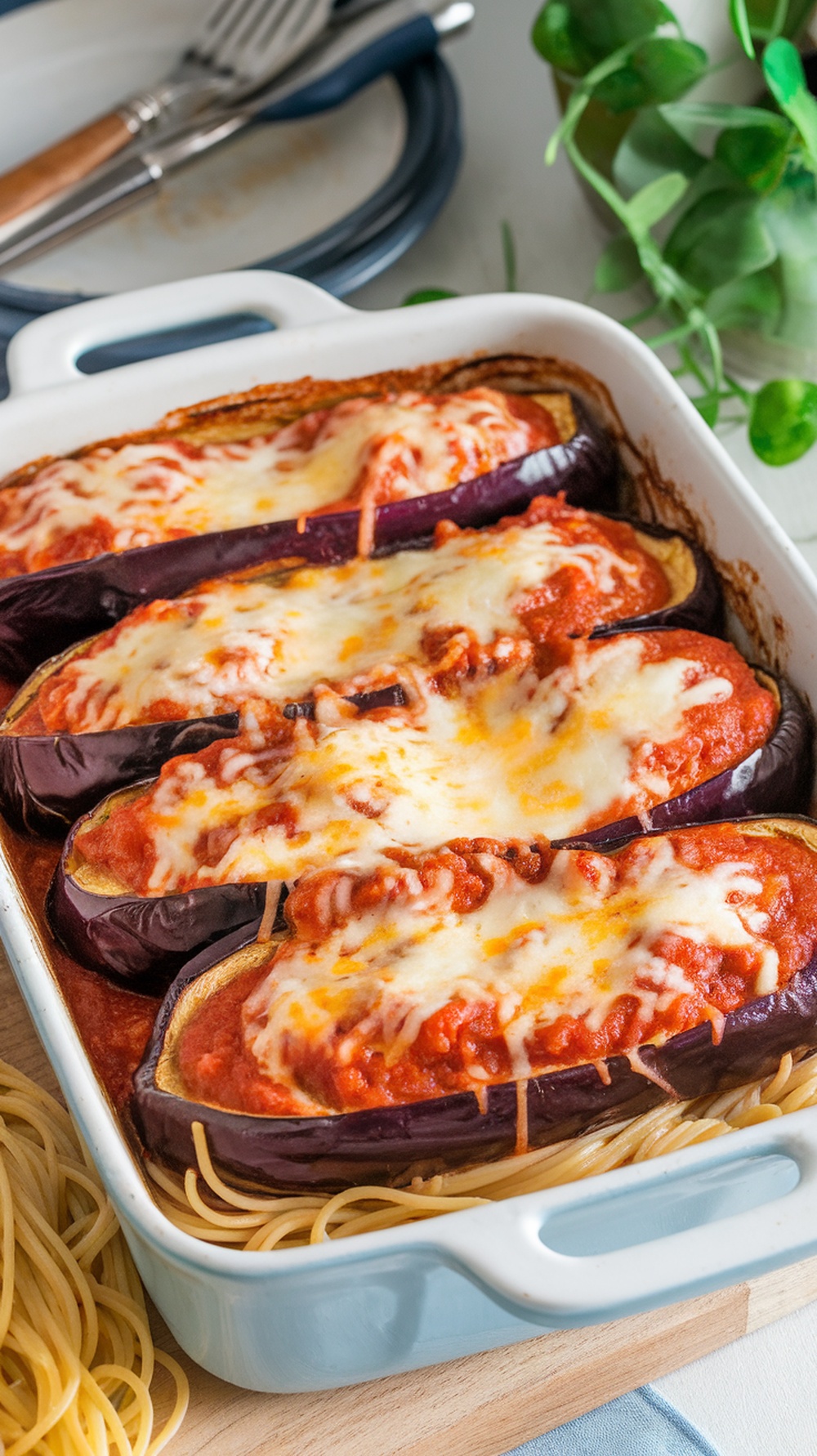 Baked Eggplant Parmesan with marinara sauce and melted cheese