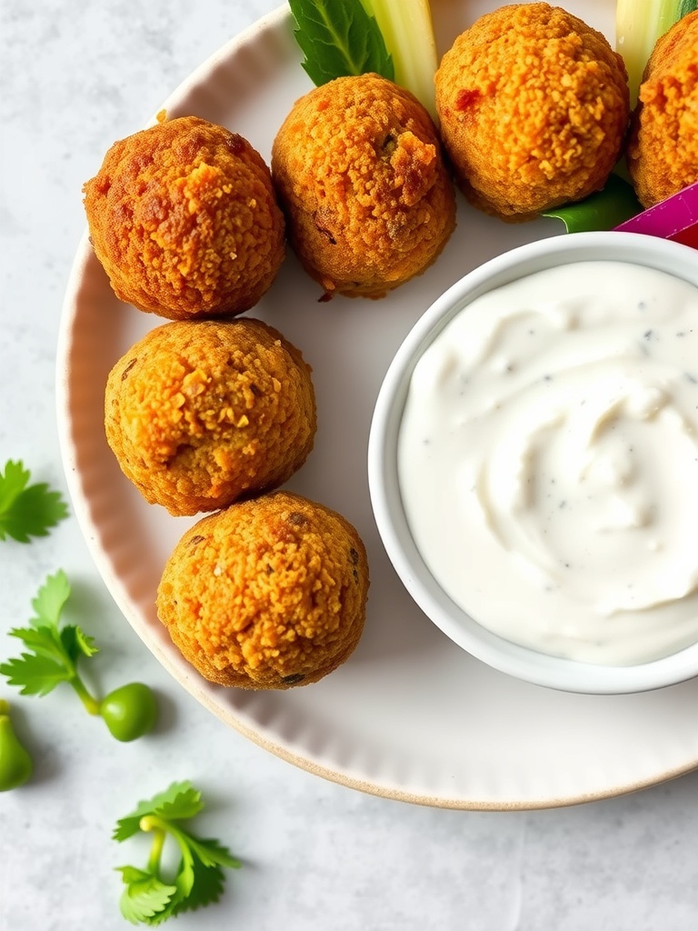 Baked falafel balls with tzatziki sauce on a plate