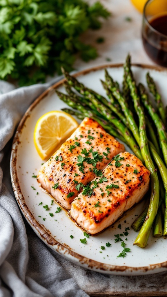 Baked salmon with asparagus on a plate with lemon and parsley